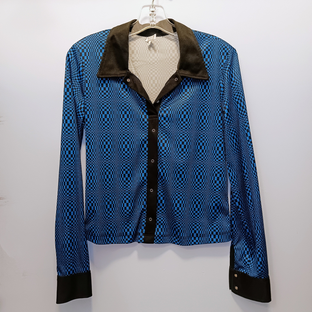 VINTAGE Y2K XOXO Blue Black Geometric Snap Button Crop Top Retro Clubwear NWOT - Picture 2 of 8